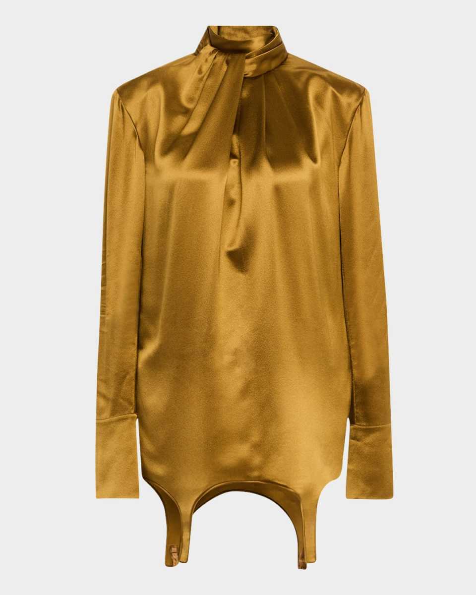 Twisted Turtleneck Long-Sleeve Silk Blouse